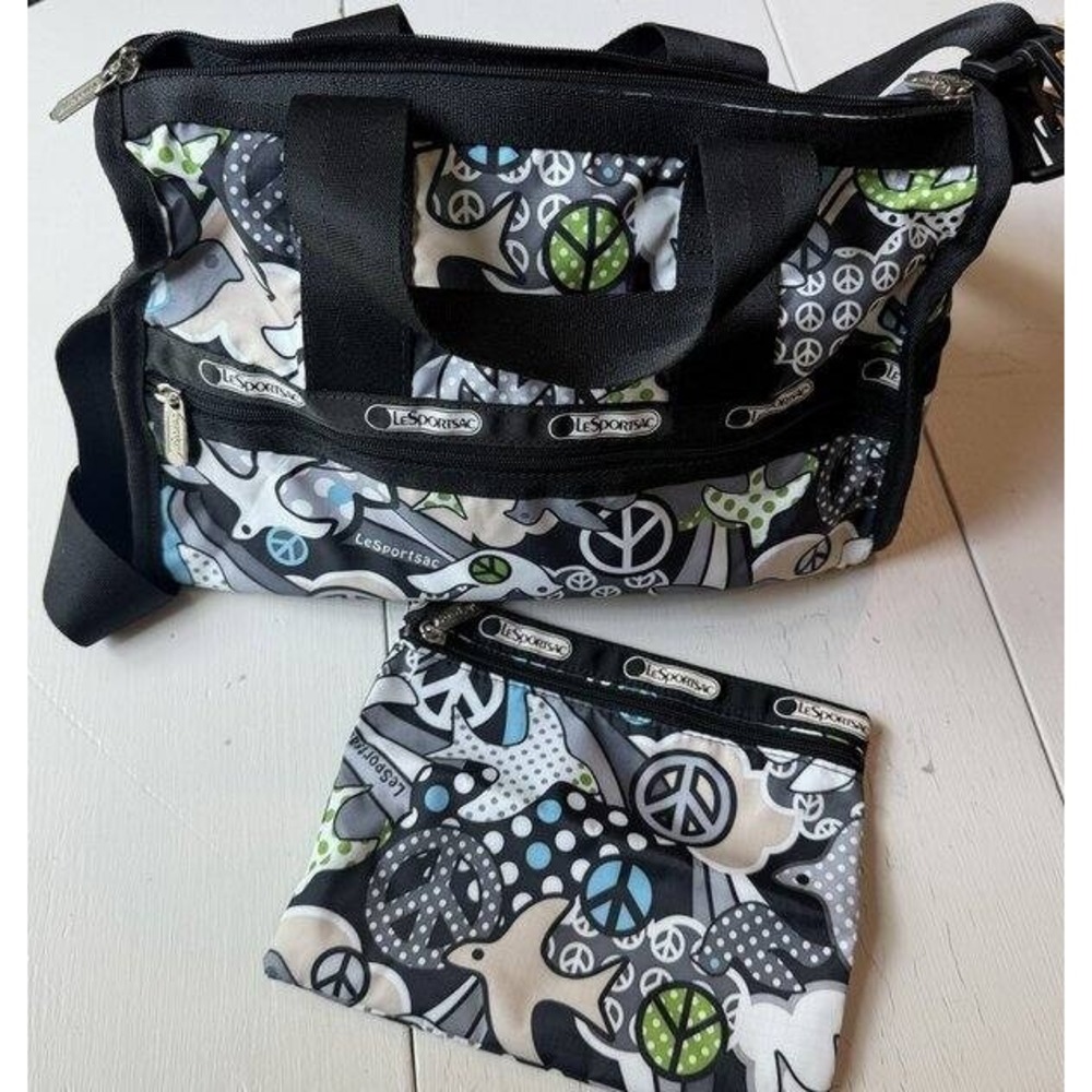 LeSportSac Top Handle Mini Duffel Crossbody Bag Purse Peace Sign